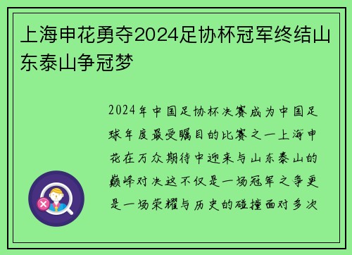 上海申花勇夺2024足协杯冠军终结山东泰山争冠梦