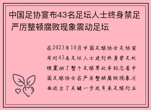 中国足协宣布43名足坛人士终身禁足 严厉整顿腐败现象震动足坛