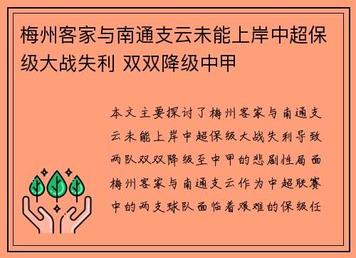 梅州客家与南通支云未能上岸中超保级大战失利 双双降级中甲